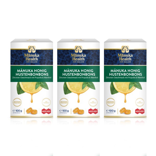Manuka Health Lutschbonbons 3er Set Zitronen-Geschmack Propolis, Menthol+Manuka Honig kurzes MHD