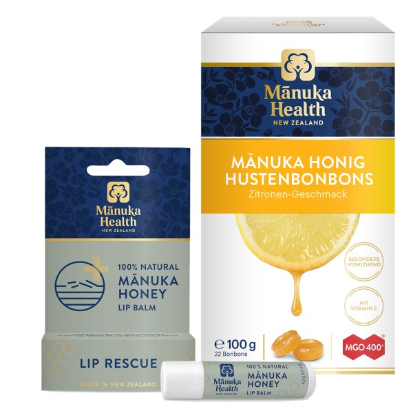 Set Manuka Health Lutschbonbons Zitrone und Lippenbalsam